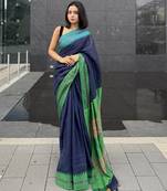 Blue handwoven  linen saree with contrast border