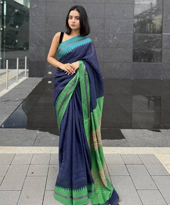 Blue handwoven  linen saree with contrast border 2