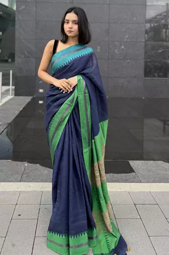 Blue handwoven  linen saree with contrast border