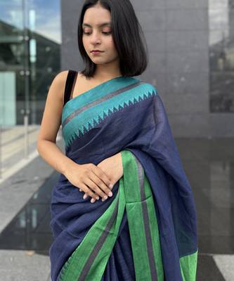 Blue handwoven  linen saree with contrast border 3