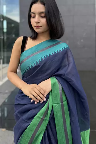 Blue handwoven  linen saree with contrast border