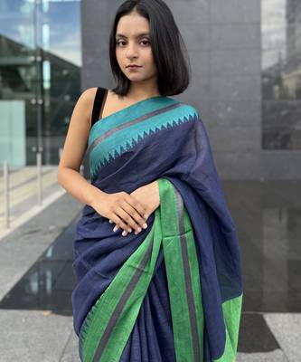 Blue handwoven  linen saree with contrast border 4