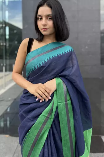 Blue handwoven  linen saree with contrast border