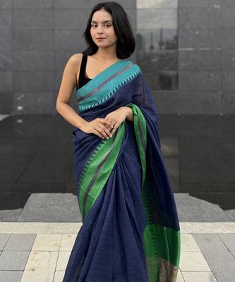 Blue handwoven  linen saree with contrast border 5