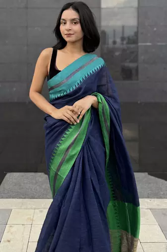 Blue handwoven  linen saree with contrast border