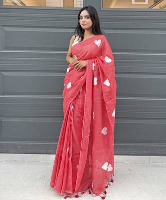 Heart embroidered red handloom linen saree 1