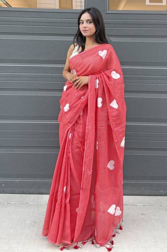 Heart embroidered red handloom linen saree
