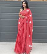 Heart embroidered red handloom linen saree