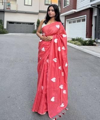 Heart embroidered red handloom linen saree 2