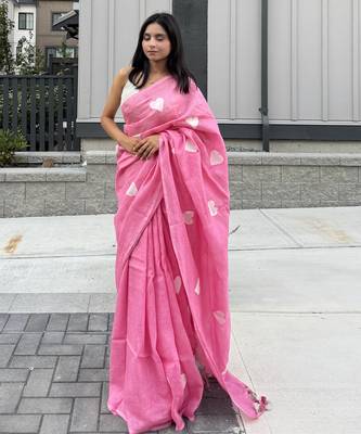 Heart embroidered pink handloom linen saree 1