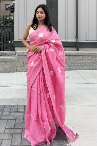 Heart embroidered pink handloom linen saree