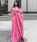 Heart embroidered pink handloom linen saree