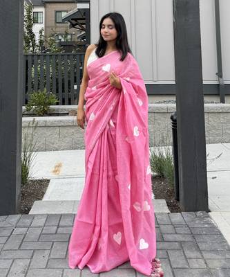 Heart embroidered pink handloom linen saree 4