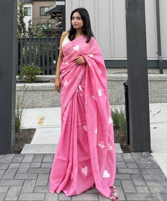 Heart embroidered pink handloom linen saree 5