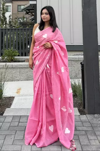 Heart embroidered pink handloom linen saree