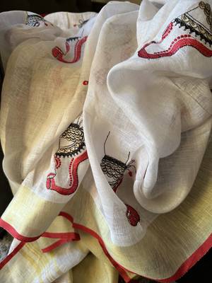 Handwoven white linen saree with embroidery work 1