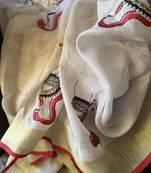 Handwoven white linen saree with embroidery work