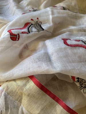 Handwoven white linen saree with embroidery work 2