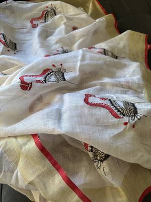 Handwoven white linen saree with embroidery work 3