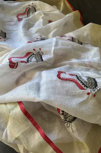 Handwoven white linen saree with embroidery work