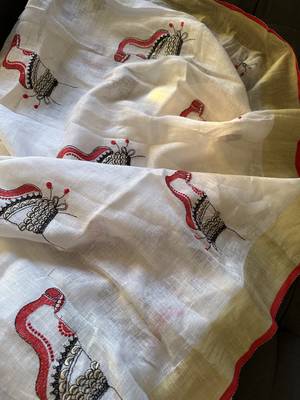 Handwoven white linen saree with embroidery work 4