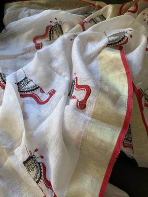 Handwoven white linen saree with embroidery work 5