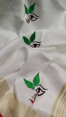 Handwoven white linen saree with embroidery work 1