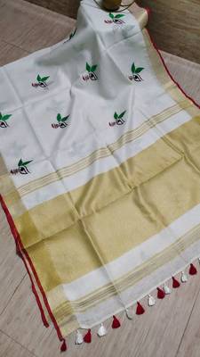 Handwoven white linen saree with embroidery work 2