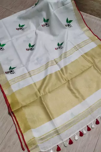 Handwoven white linen saree with embroidery work