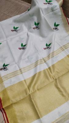 Handwoven white linen saree with embroidery work 3