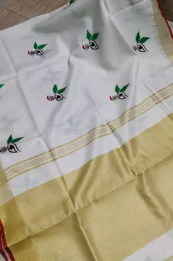 Handwoven white linen saree with embroidery work