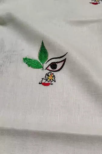 Handwoven white linen saree with embroidery work