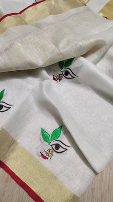 Handwoven white linen saree with embroidery work 5