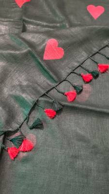 Heart embroidered black handloom linen saree 1