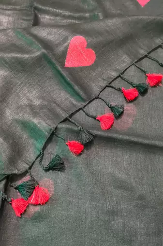 Heart embroidered black handloom linen saree