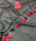 Heart embroidered black handloom linen saree
