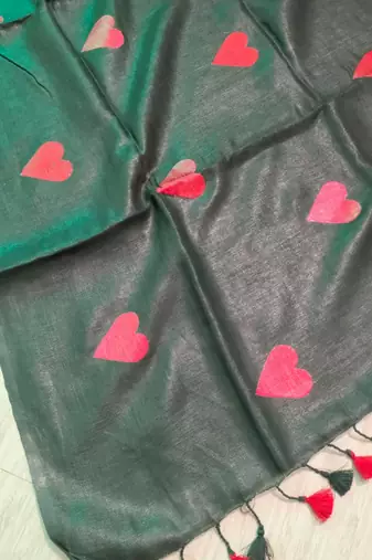 Heart embroidered black handloom linen saree