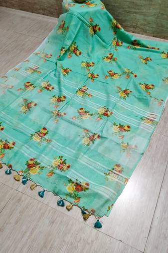 Digital printed  handloom linen saree