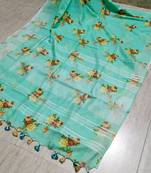 Digital printed  handloom linen saree