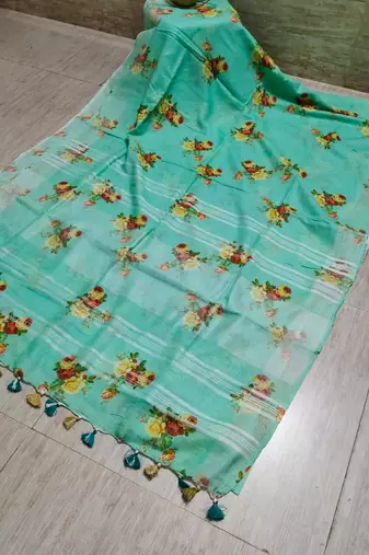 Digital printed  handloom linen saree