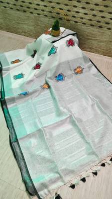 Handwoven white linen saree with embroidery work 1