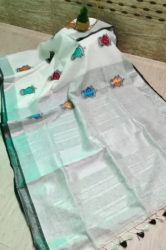 Handwoven white linen saree with embroidery work
