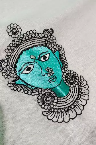 Handwoven white linen saree with embroidery work
