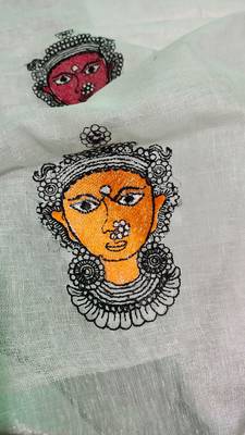Handwoven white linen saree with embroidery work 3