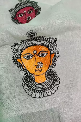 Handwoven white linen saree with embroidery work