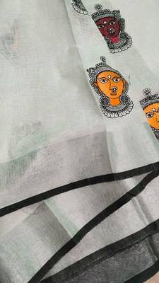 Handwoven white linen saree with embroidery work 4