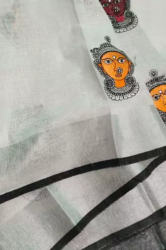 Handwoven white linen saree with embroidery work