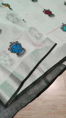 Handwoven white linen saree with embroidery work 5