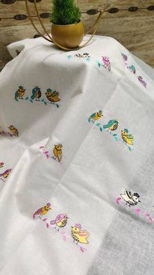 Handwoven white linen saree with embroidery work 1