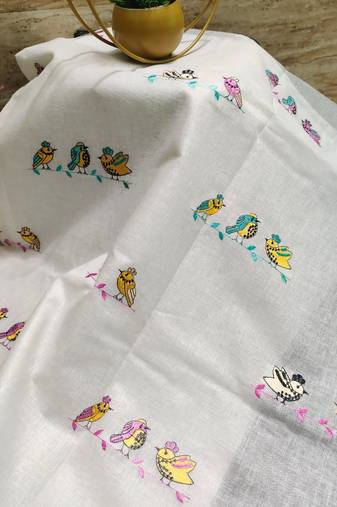 Handwoven white linen saree with embroidery work